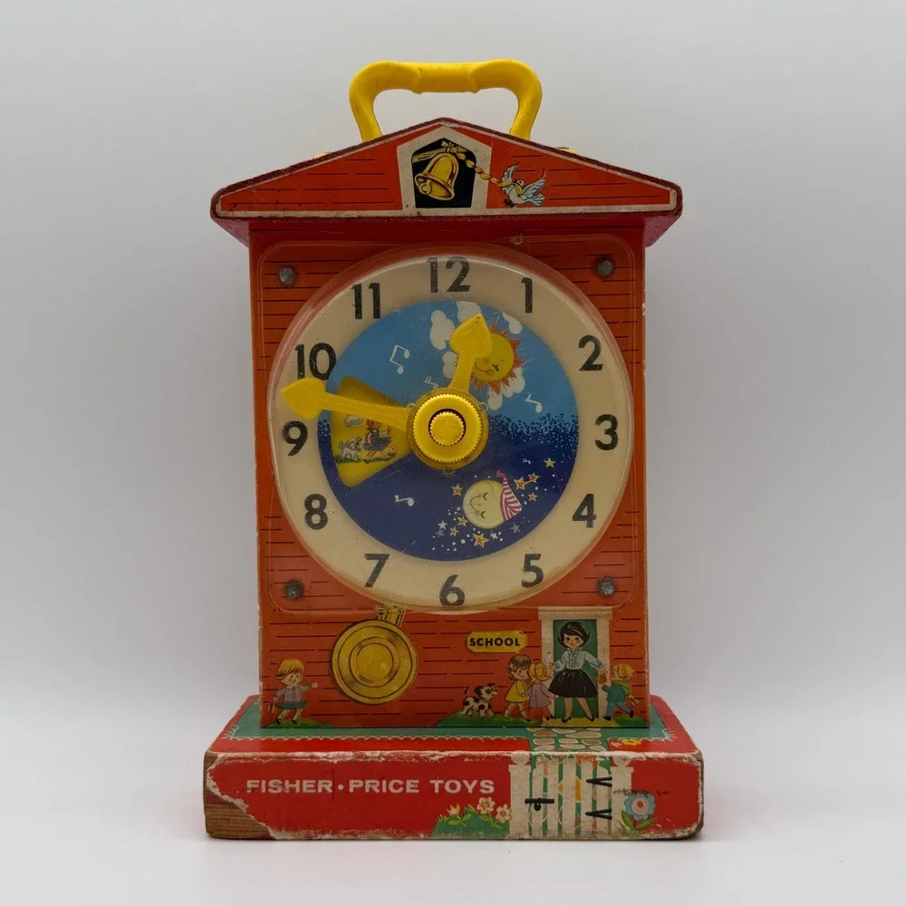 Vintage 1968 Fisher Price 998 Music Box Teaching Clock Kids Red Wood Toy TESTED